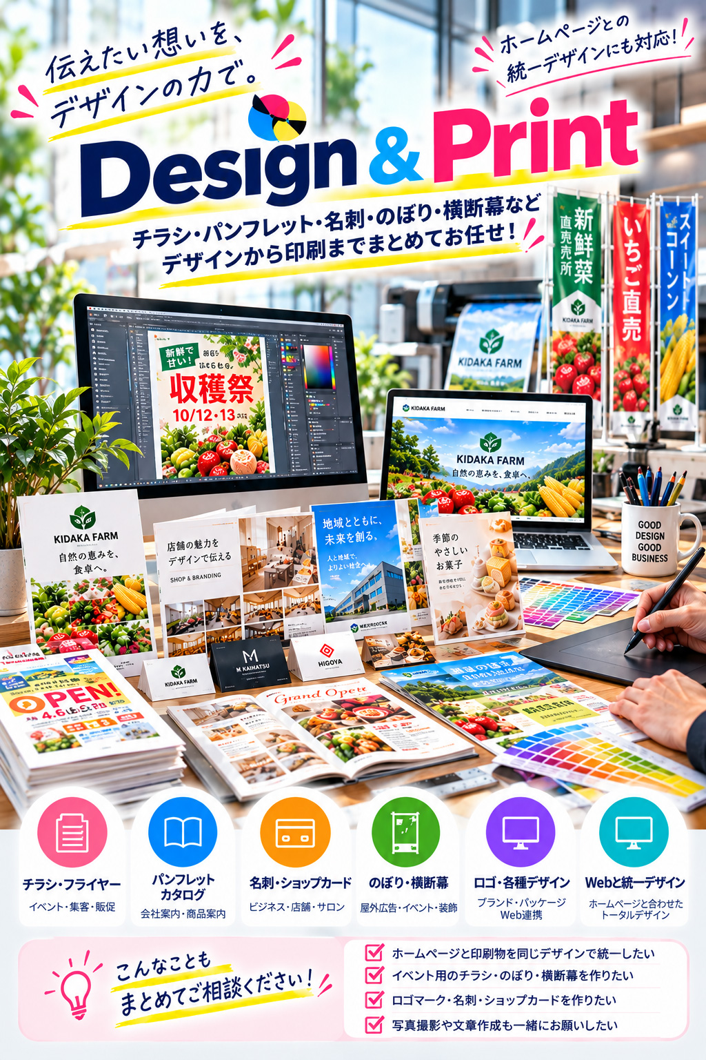 チラシ・パンフレット・名刺・のぼり・横断幕などデザインから印刷までまとめておまかせ！